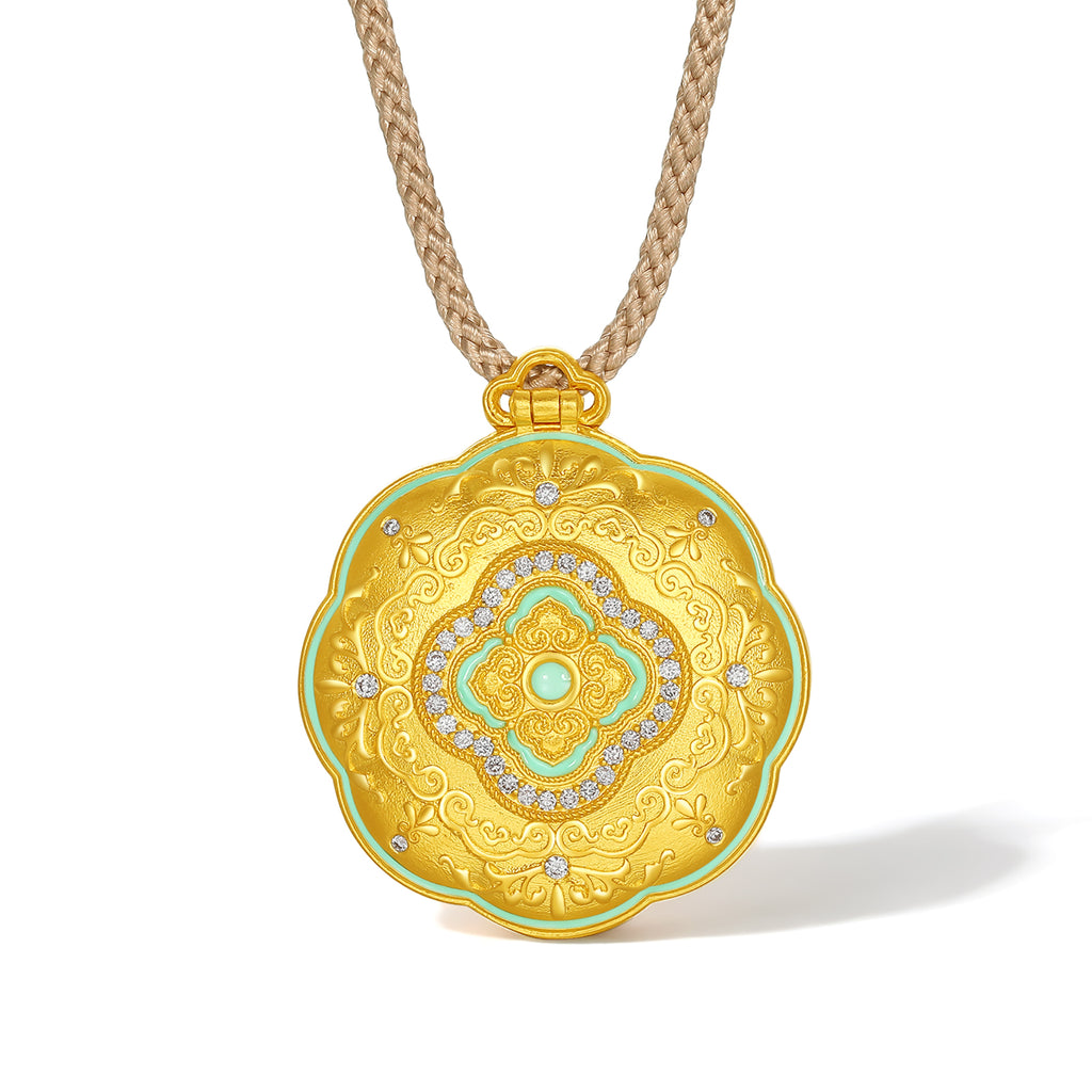 "Chinese Culture Collection - Song Brocade" 24K Gold Pendant Necklace Diamond Flower 29-34g W0423374
