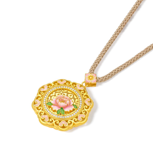 "Chinese Culture Collection - Song Brocade" 24K Gold Pendant Necklace Diamond Flower 12.13-14.63g W0423373