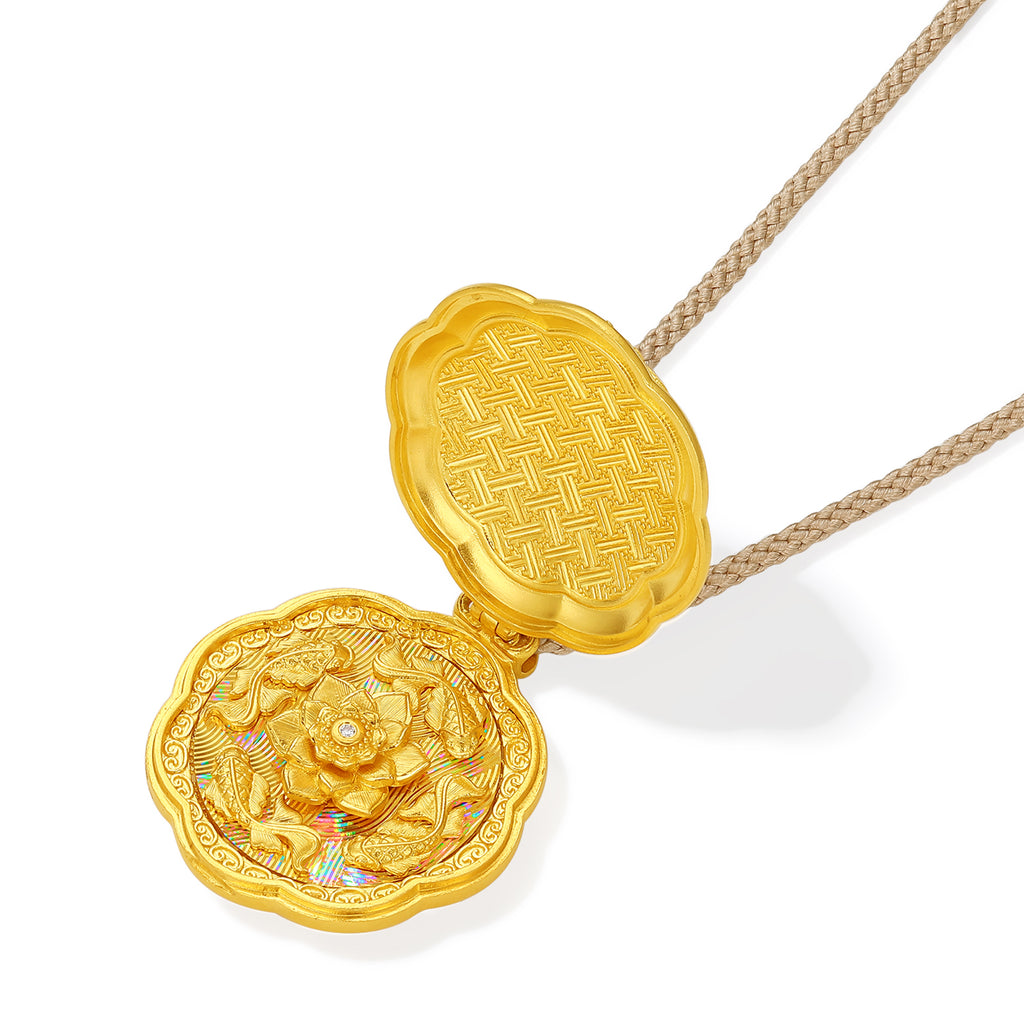 "Chinese Culture Collection - Song Brocade" 24K Gold Pendant Necklace Diamond Flower 29-34g W0423374