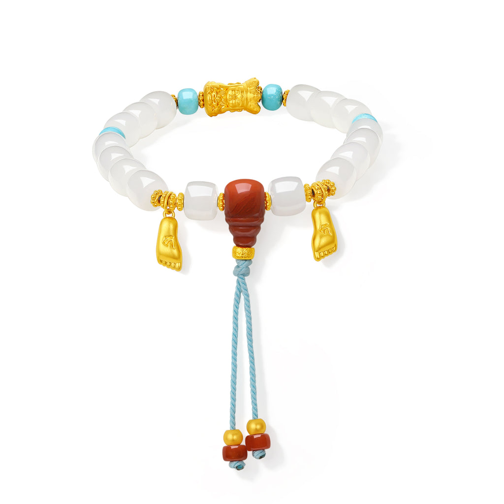 "Jiuhua Mountain" 24K Gold Beaded Bracelet Heitian Jade Turquoise Agate Ksitigarbha Bodhisattva Y1915284