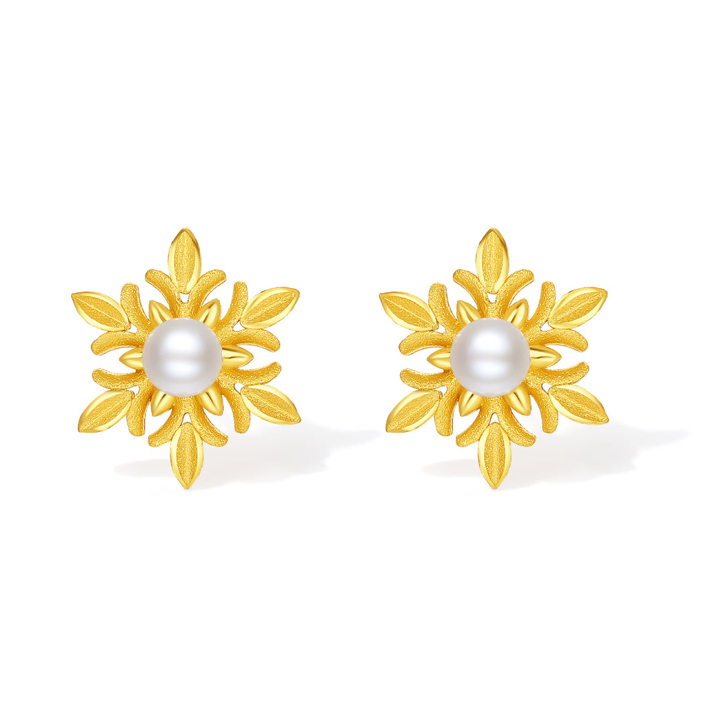 ZHOU LIU FU 24K Gold Cultural Freshwater Pearl Snowflake Stud Earrings for Women, Elegant Earrings Fine Jewelry Christmas Winter Gift X0914183