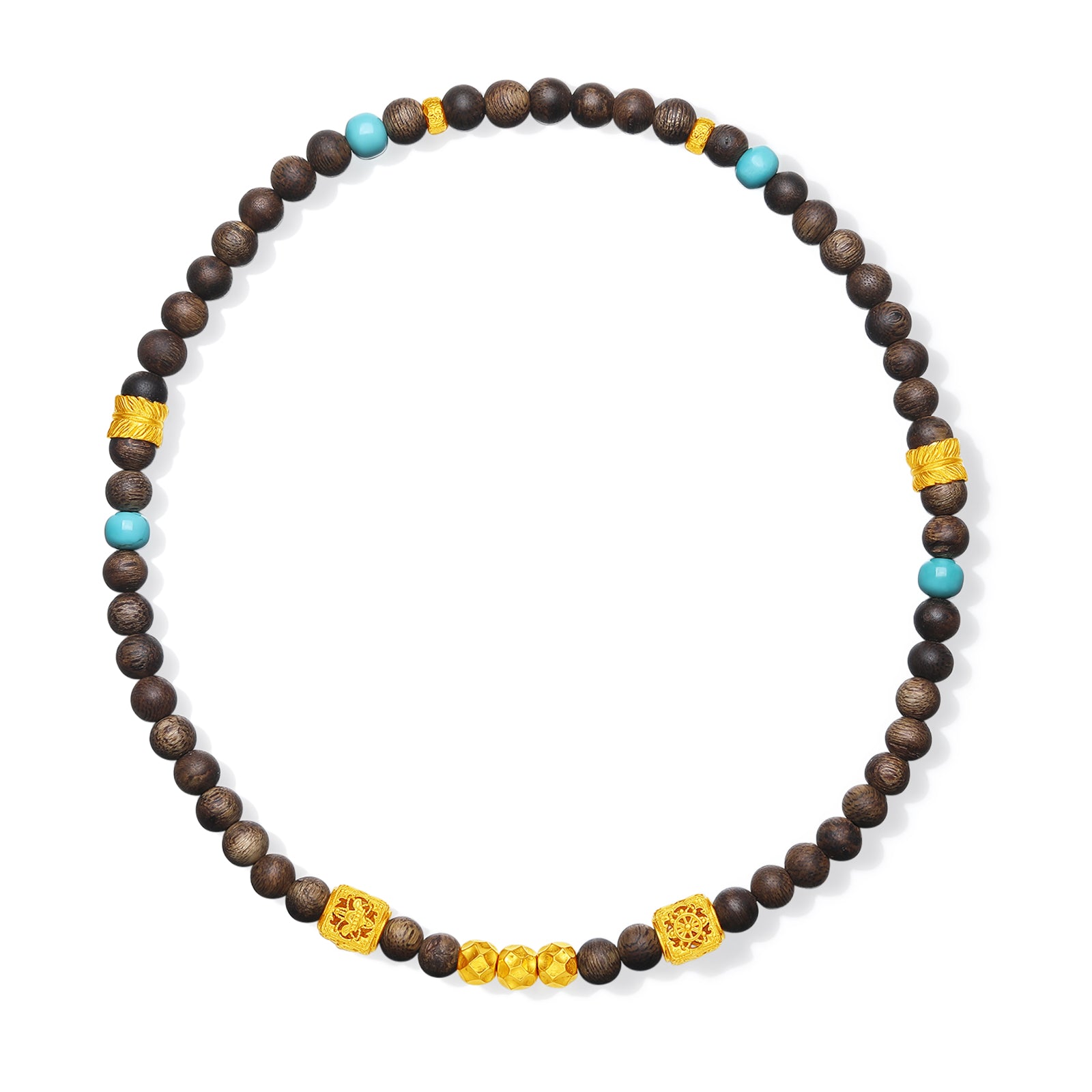 Jiuhua Mountain' 999.9 24K Gold Beaded Bracelet Turquoise Agarwood Ksitigarbha's Implements J1915338