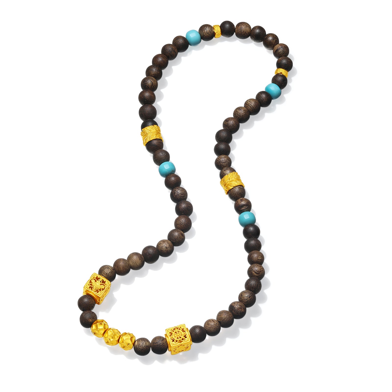 Jiuhua Mountain' 999.9 24K Gold Beaded Bracelet Turquoise Agarwood Ksitigarbha's Implements J1915338