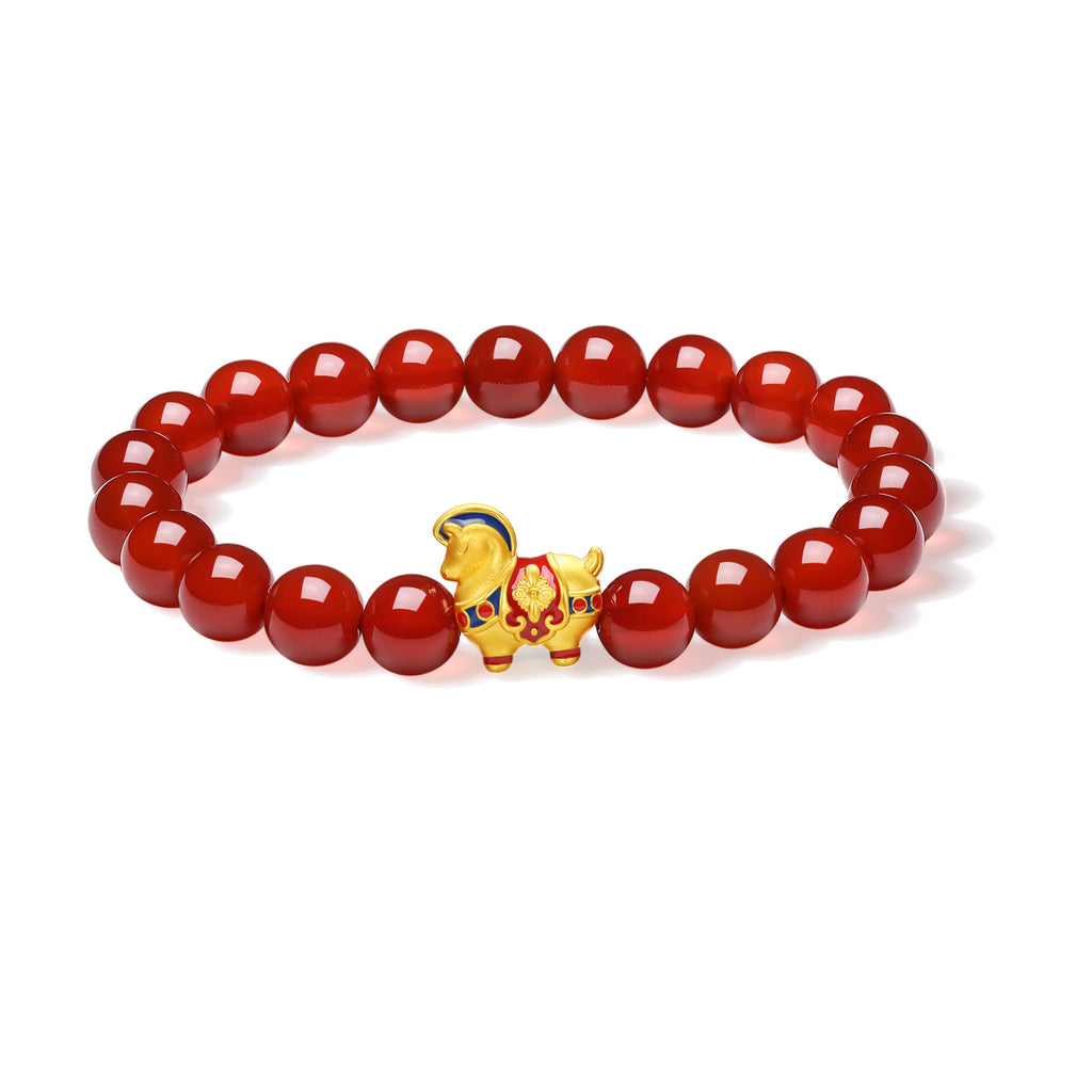 "Year of the Horse"  24K Gold Beaded Bracelet Agate Horse 0.87-1.17g 17cm A1920841