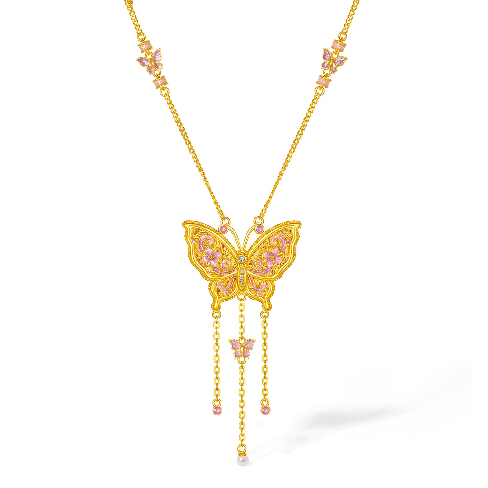 "Chinese Culture Collection - Song Brocade" 24K Gold Pendant Necklace Diamond  2.5-3mm Pearl         Butterfly 12.63-15.13g W0623181