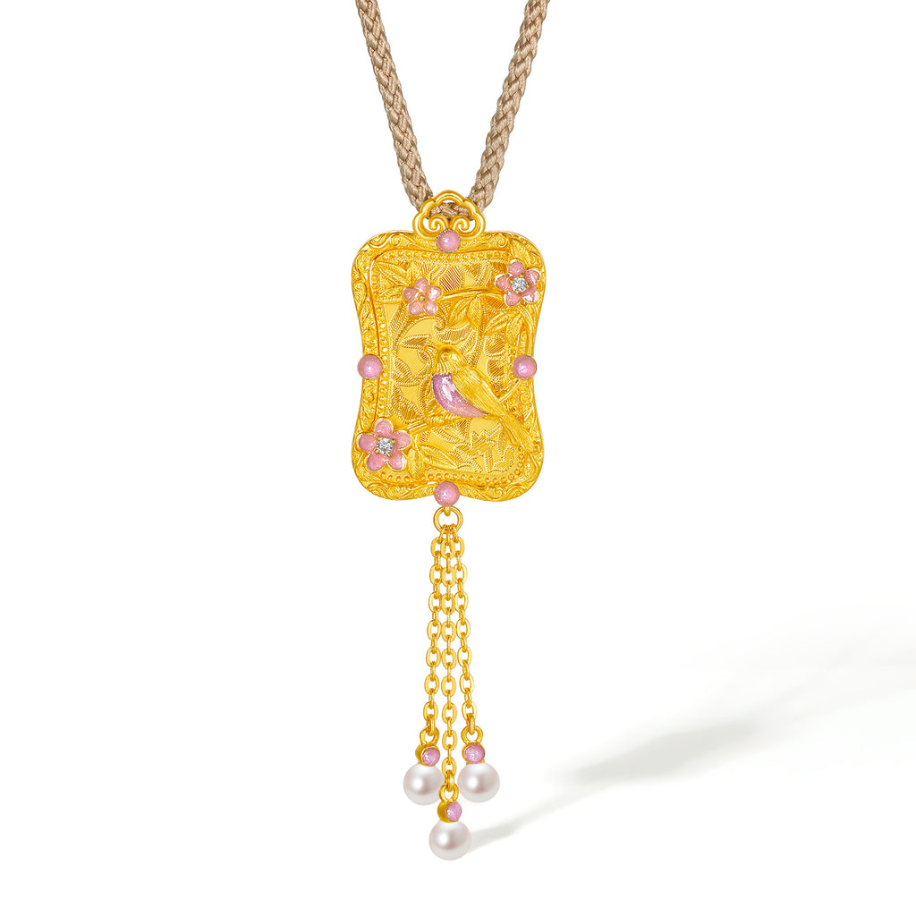 "Chinese Culture Collection - Song Brocade" 24K Gold Pendant Necklace Diamond 3.5-4mm Pearl Magpie 11.99-14.49g W0423178