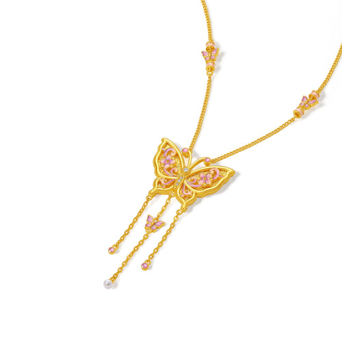 "Chinese Culture Collection - Song Brocade" 24K Gold Pendant Necklace Diamond  2.5-3mm Pearl         Butterfly 12.63-15.13g W0623181