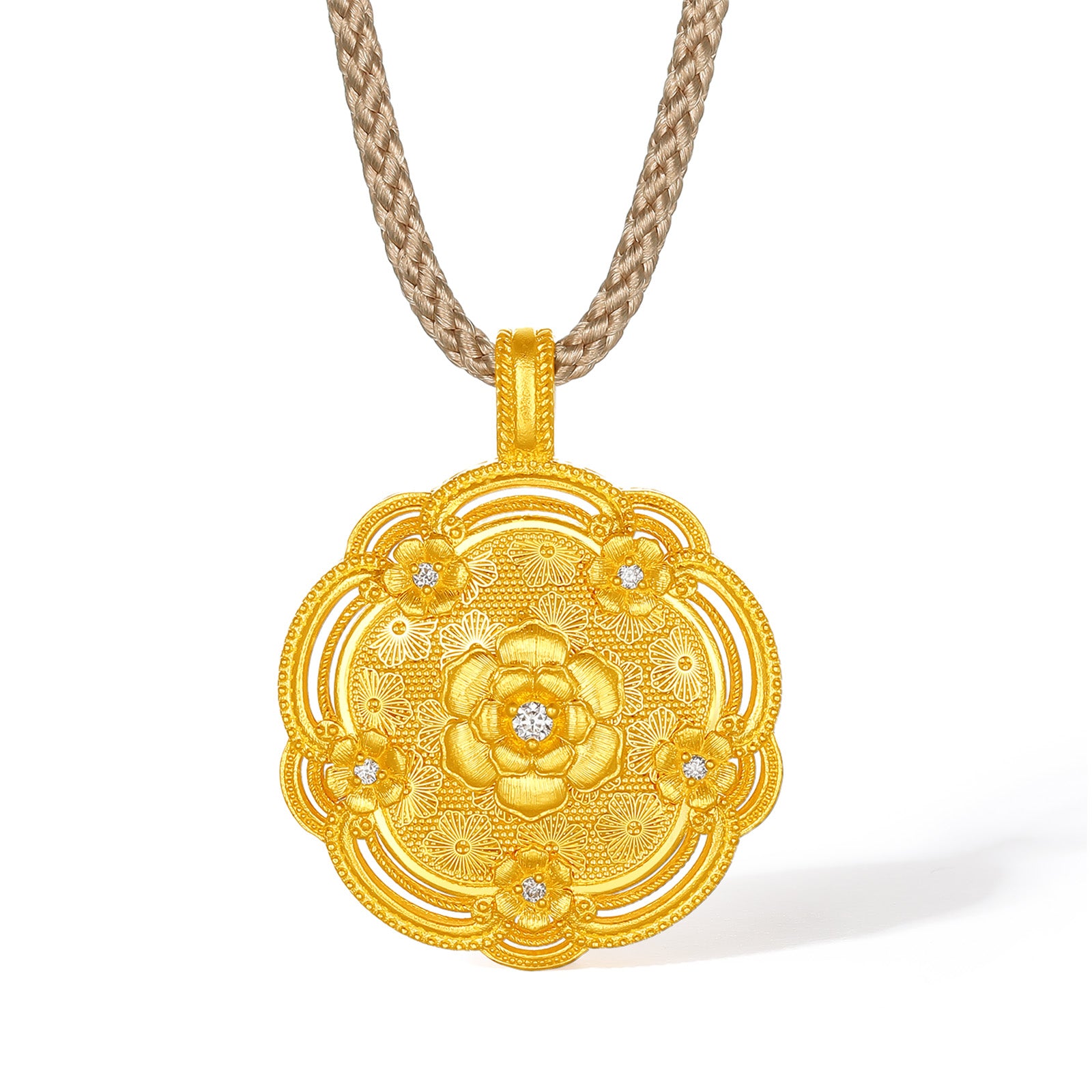 "Chinese Culture Collection - Song Brocade" 24K Gold Pendant Necklace Diamond Flower 10.12-12.62g W0423872