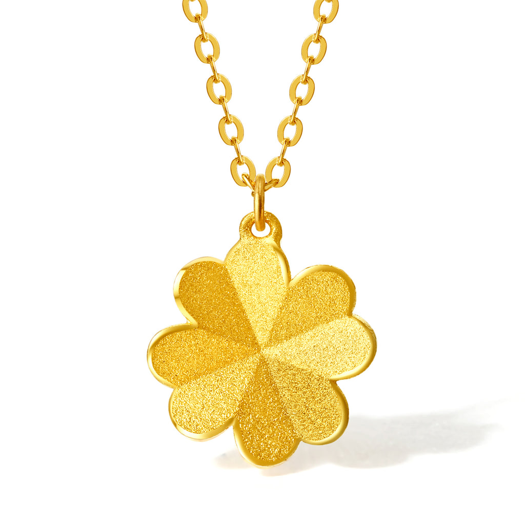 24K Solid Gold Matte Four Leaf Clover Pendant Necklace for Women - 18" Gold Chain Fine Jewelry Birthday Anniversary Gift for Women A0611665