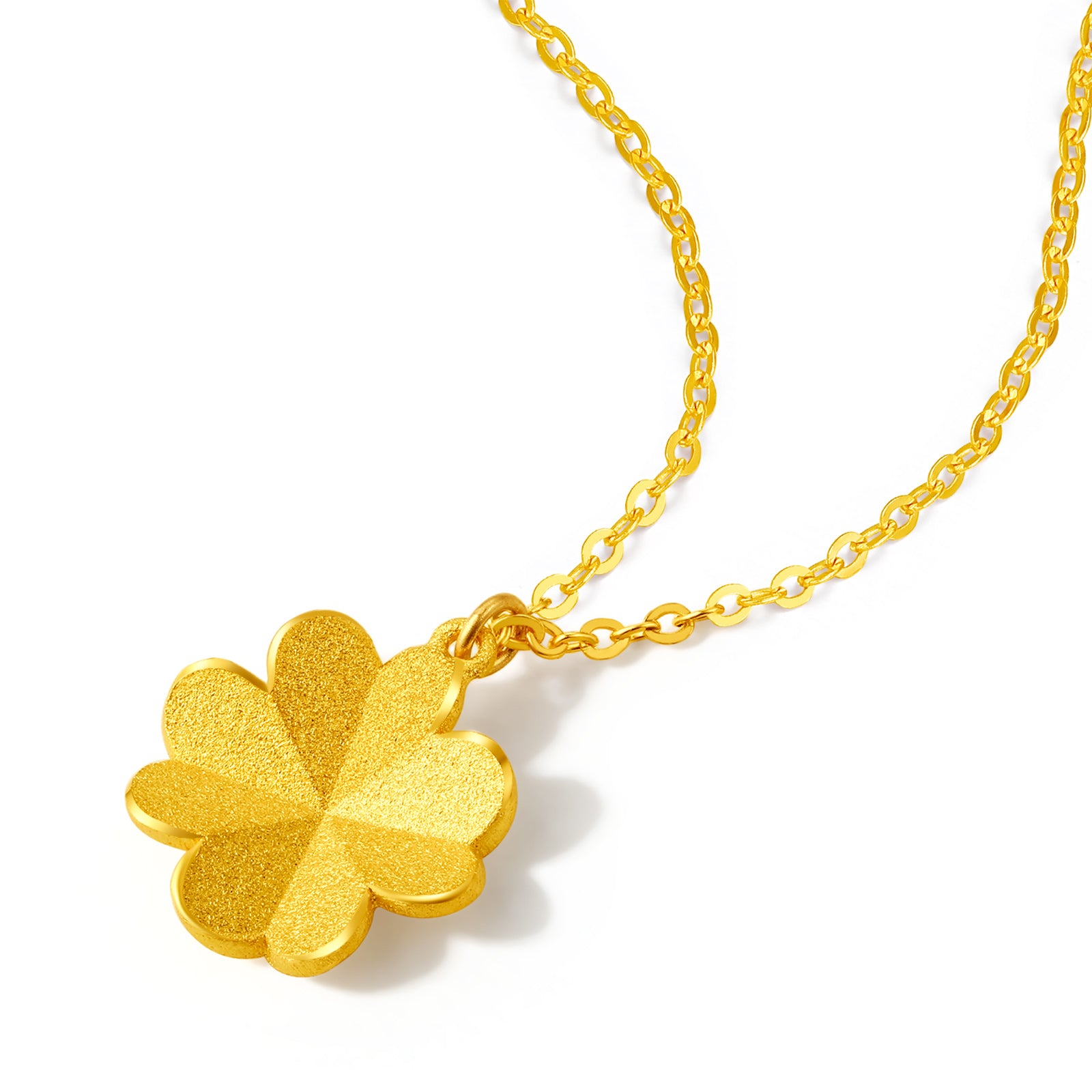 24K Solid Gold Matte Four Leaf Clover Pendant Necklace for Women - 18" Gold Chain Fine Jewelry Birthday Anniversary Gift for Women A0611665