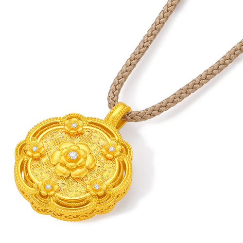 "Chinese Culture Collection - Song Brocade" 24K Gold Pendant Necklace Diamond Flower 10.12-12.62g W0423872