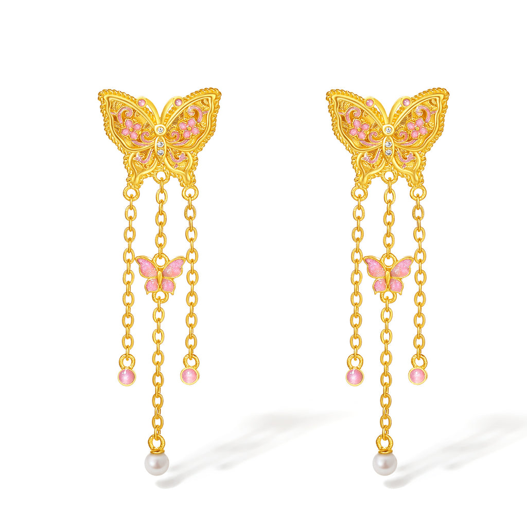 "Chinese Culture Collection - Song Brocade" 24K Gold Drop Earrings Diamond 2.5-3mm Pearl Butterfly 5.55-7.55g W0923492