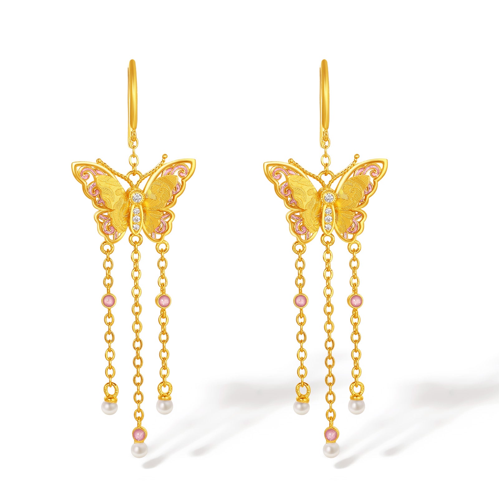 "Chinese Culture Collection - Song Brocade" 24K Gold Drop Earrings Diamond 2.5-3mm Pearl Butterfly 7.45-9.45g W0923500