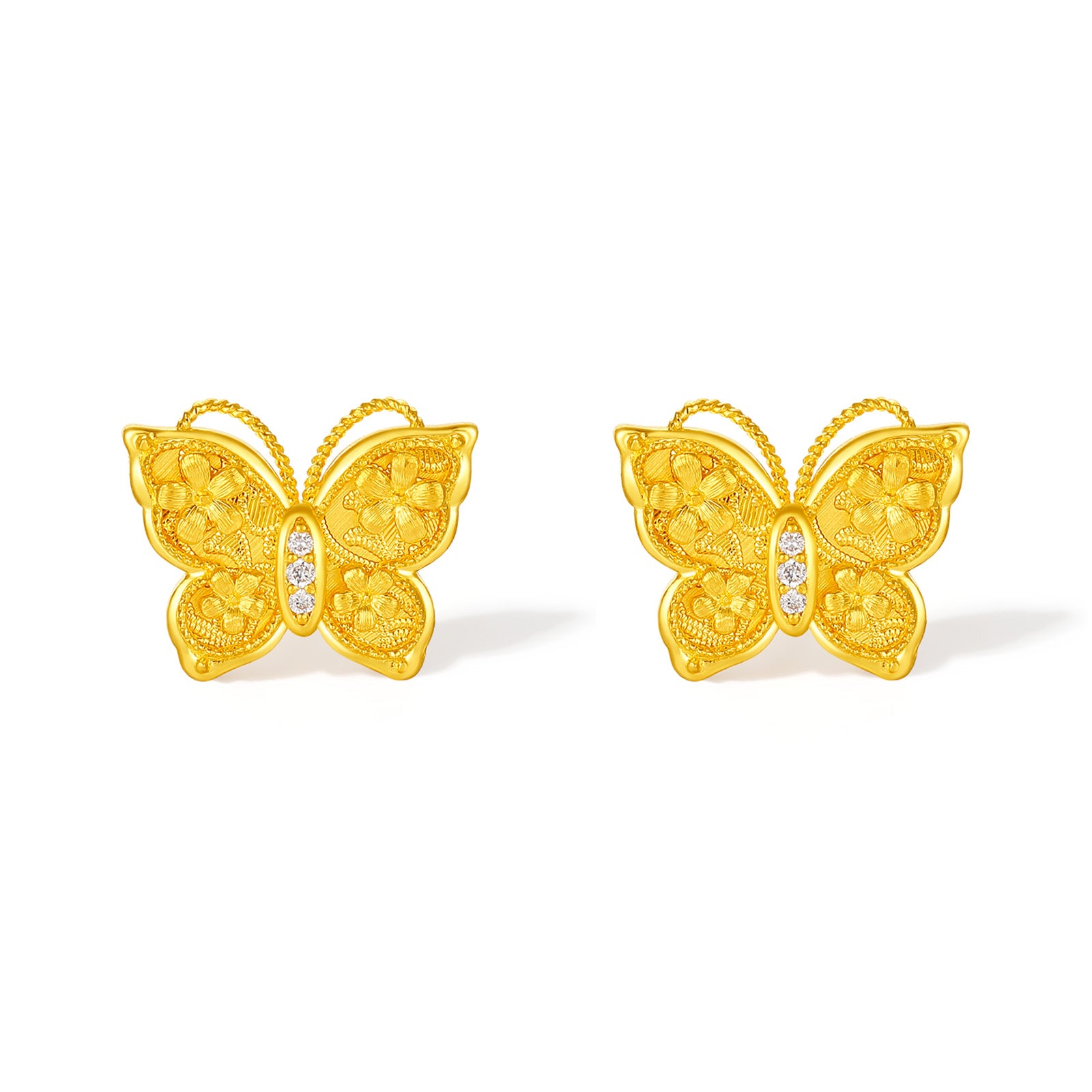"Chinese Culture Collection - Song Brocade" 24K Gold Stud Earrings Diamond Butterfly 3.1-5.1g W0923498