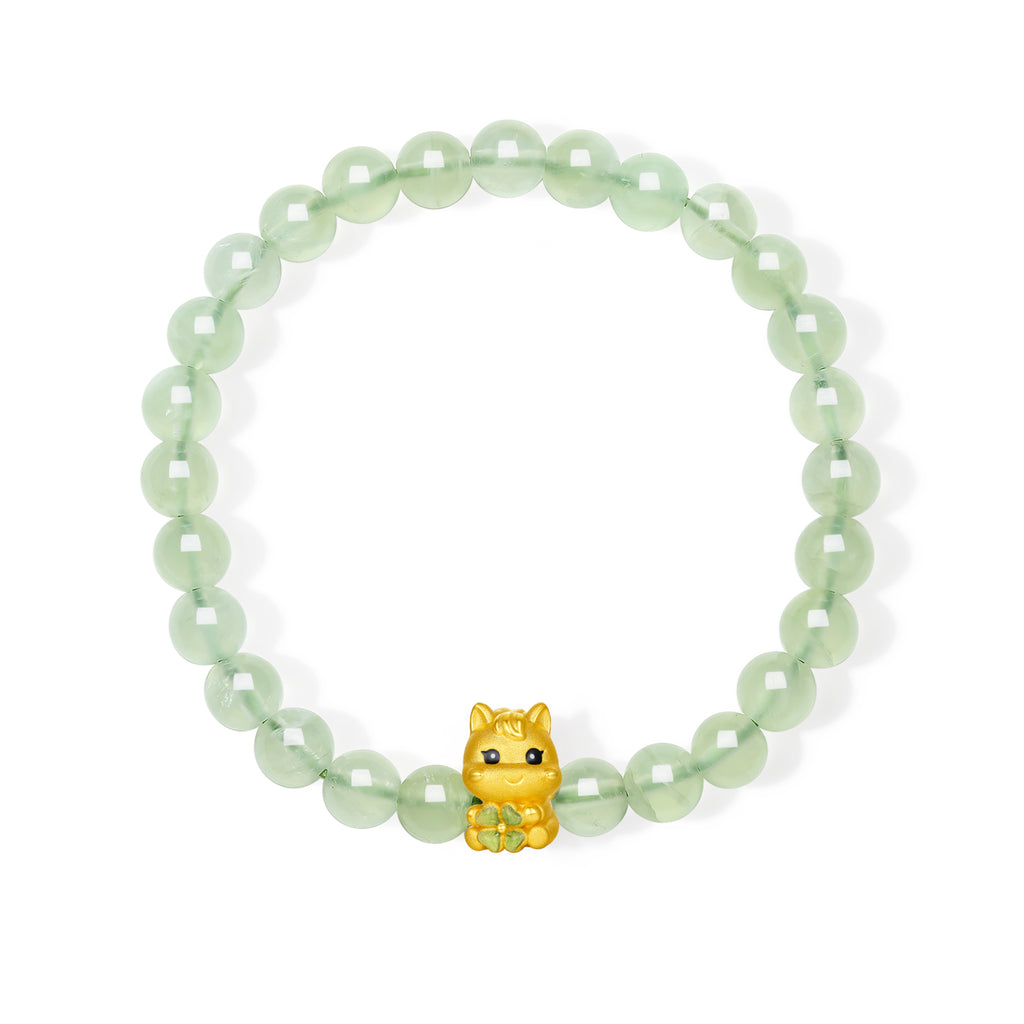'Year of the Horse'  24K Gold Beaded Bracelet Prehnite Horse Clover 0.7-1g 17cm A1916023