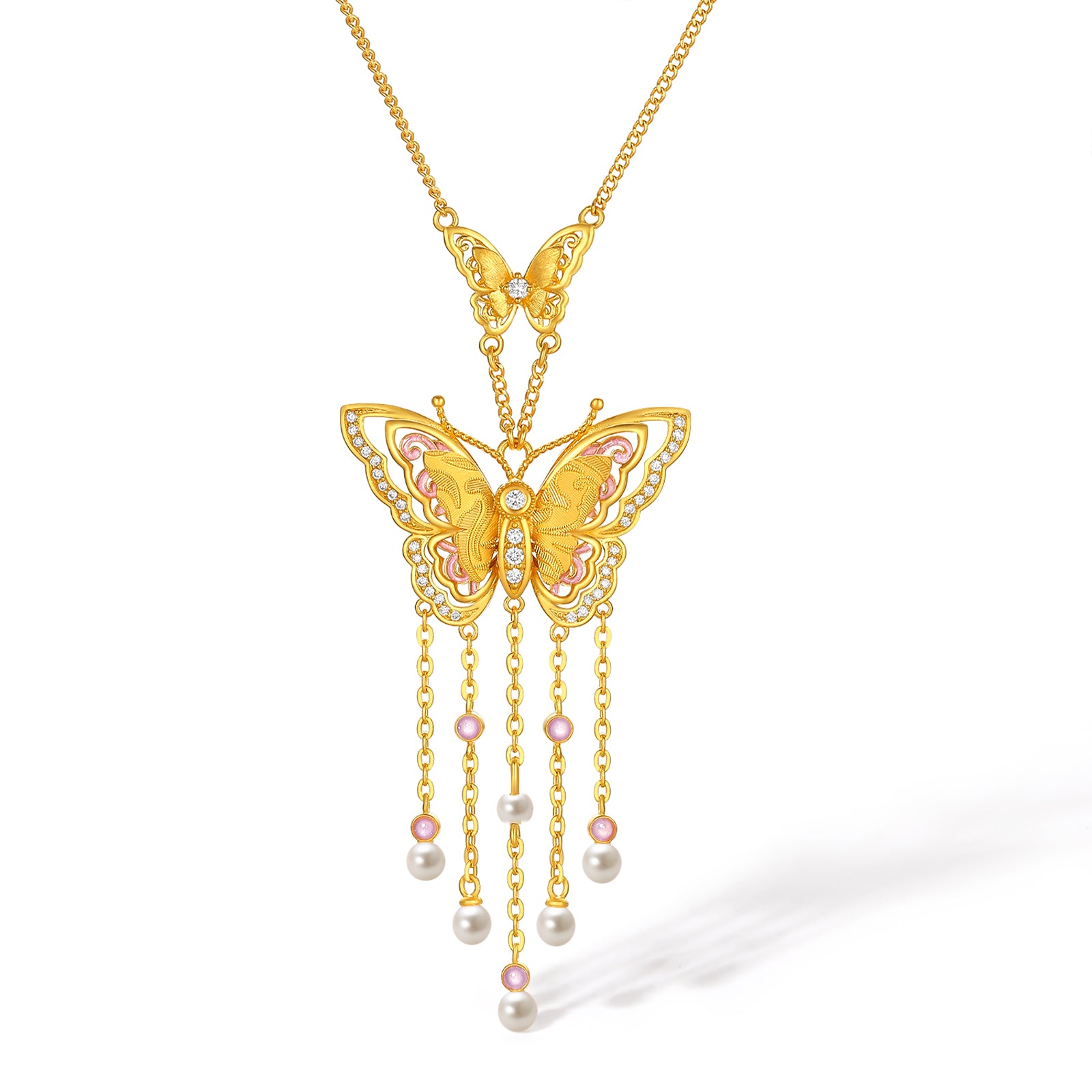 "Chinese Culture Collection - Song Brocade" 24K Gold Pendant Necklace Diamond 3-3.5mm Pearl Butterfly 11.69-14.19g W0623503