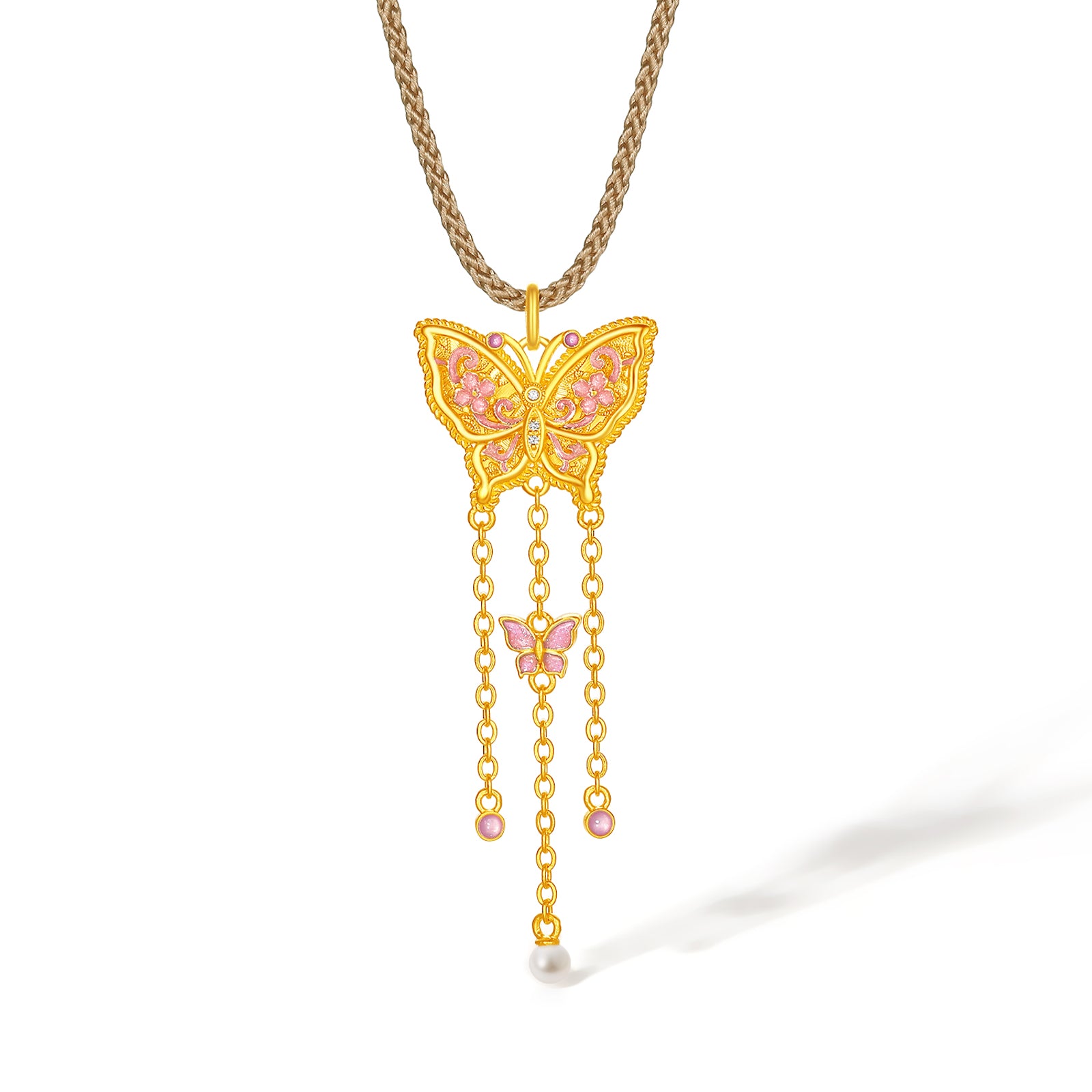 "Chinese Culture Collection - Song Brocade" 24K Gold Pendant Necklace Diamond 2.5-3mm Pearl Butterfly 3.5-5.5g W0423495
