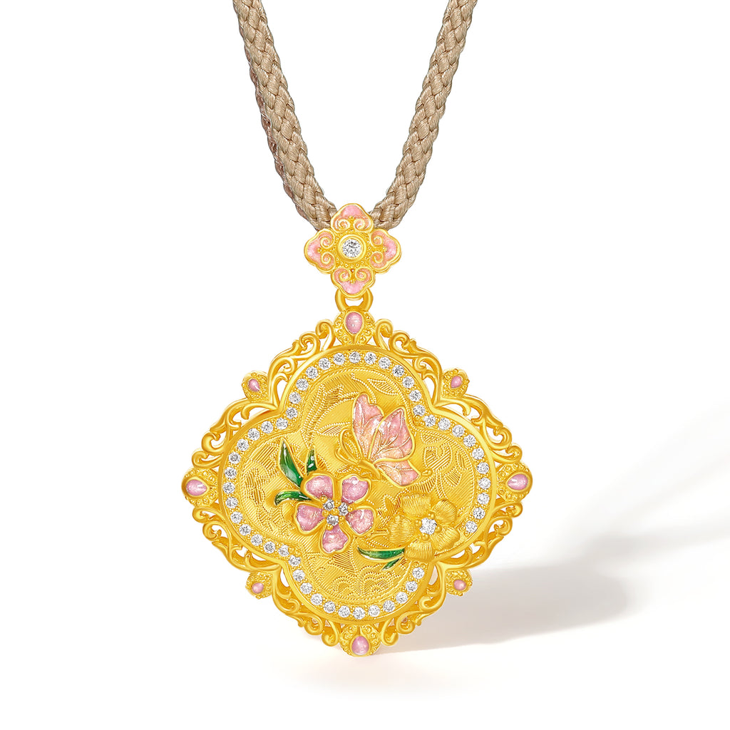 "Chinese Culture Collection - Song Brocade" 24K Gold Pendant Necklace Diamond Flower 11.2-13.6g W0423466