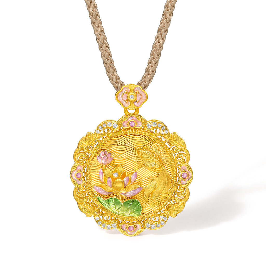 "Chinese Culture Collection - Song Brocade" 24K Gold Pendant Necklace Diamond Lotus 9.5-11.5g W0423489