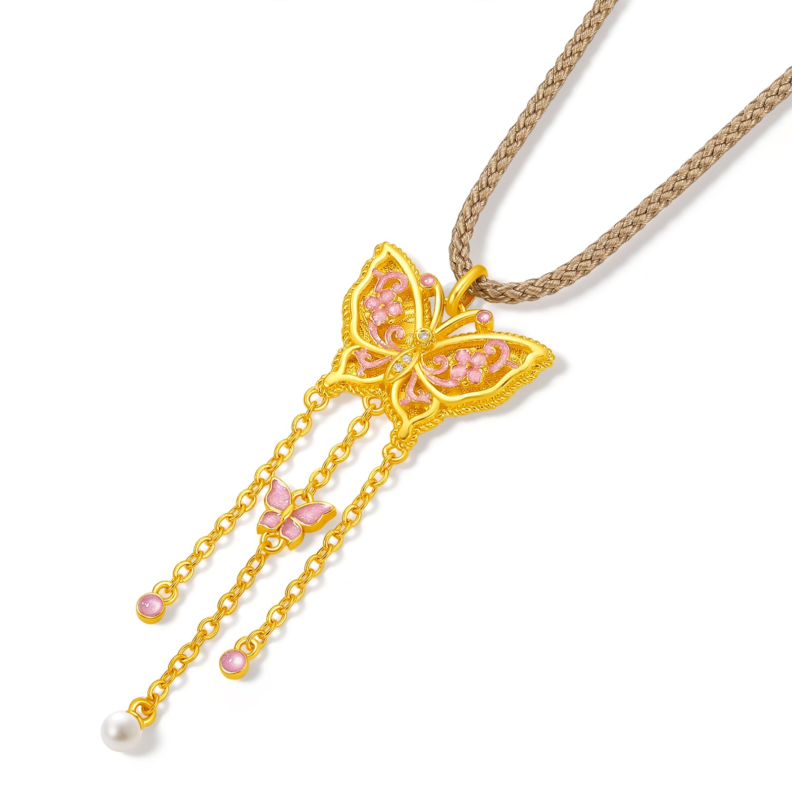 "Chinese Culture Collection - Song Brocade" 24K Gold Pendant Necklace Diamond 2.5-3mm Pearl Butterfly 3.5-5.5g W0423495