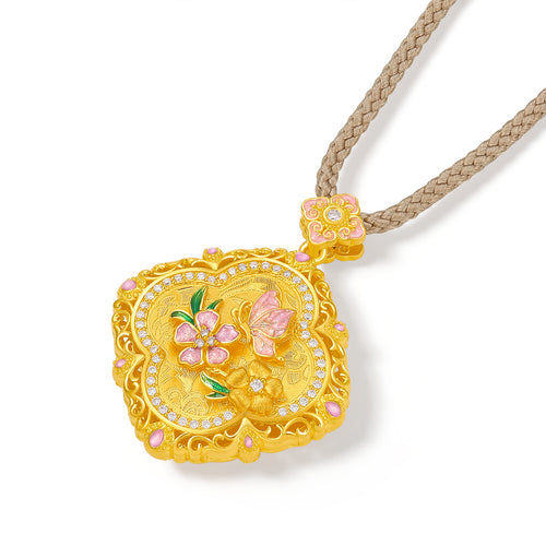 "Chinese Culture Collection - Song Brocade" 24K Gold Pendant Necklace Diamond Flower 11.2-13.6g W0423466
