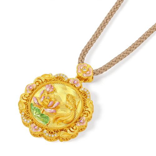 "Chinese Culture Collection - Song Brocade" 24K Gold Pendant Necklace Diamond Lotus 9.5-11.5g W0423489