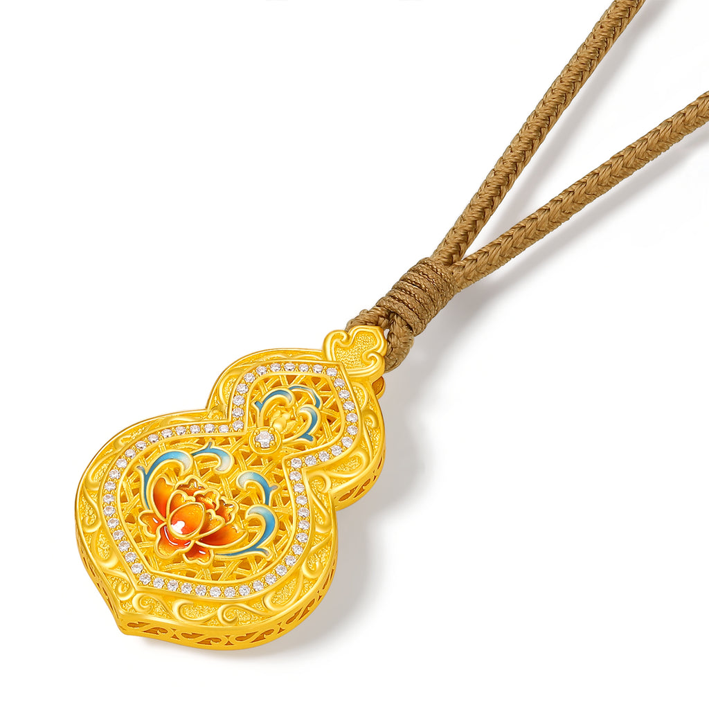 "Chinese Culture Collection - Woven Bamboo" 24K Gold Pendant Necklace Diamond 0.004ct Gourd 12.5-14.5g W0423488