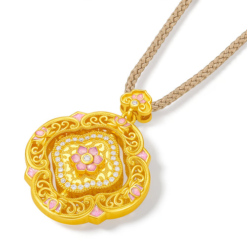 "Chinese Culture Collection - Song Brocade" 24K Gold Pendant Necklace Diamond Flower 14.67-17.17g W0423465