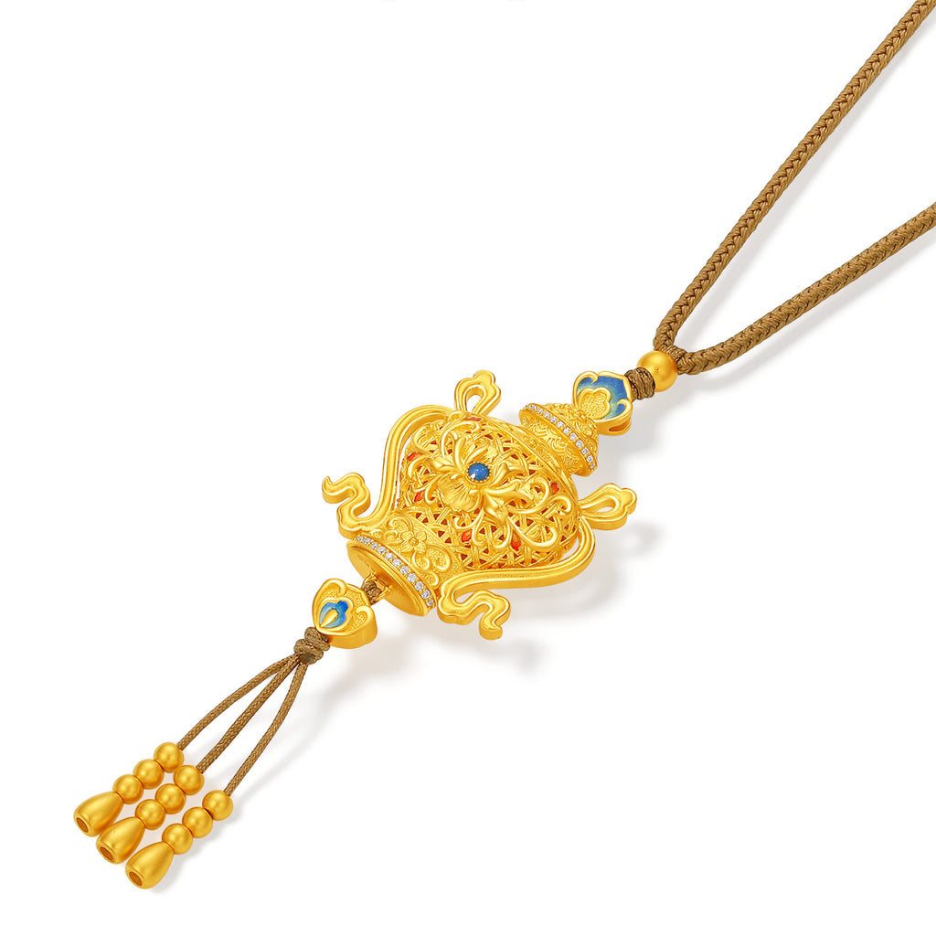 "Chinese Culture Collection - Woven Bamboo" 24K Gold Pendant Necklace Diamond 0.002ct Chinese Vase 20.1-22.1g W0423494
