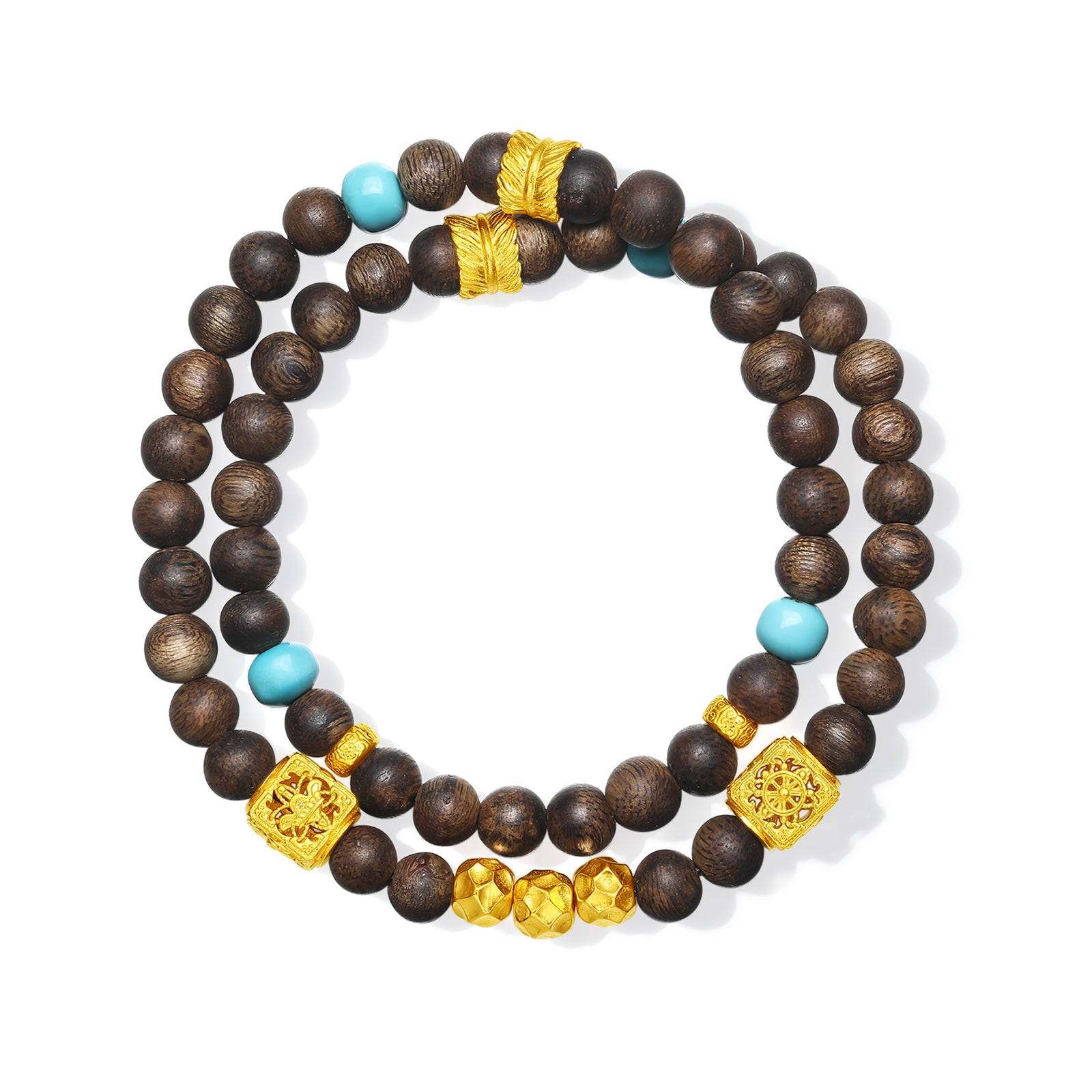 Jiuhua Mountain' 999.9 24K Gold Beaded Bracelet Turquoise Agarwood Ksitigarbha's Implements J1915338