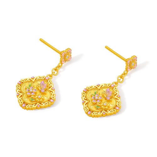 "Chinese Culture Collection - Song Brocade" 24K Gold Drop Earrings Diamond Flower 7.18-9.18g W0923497