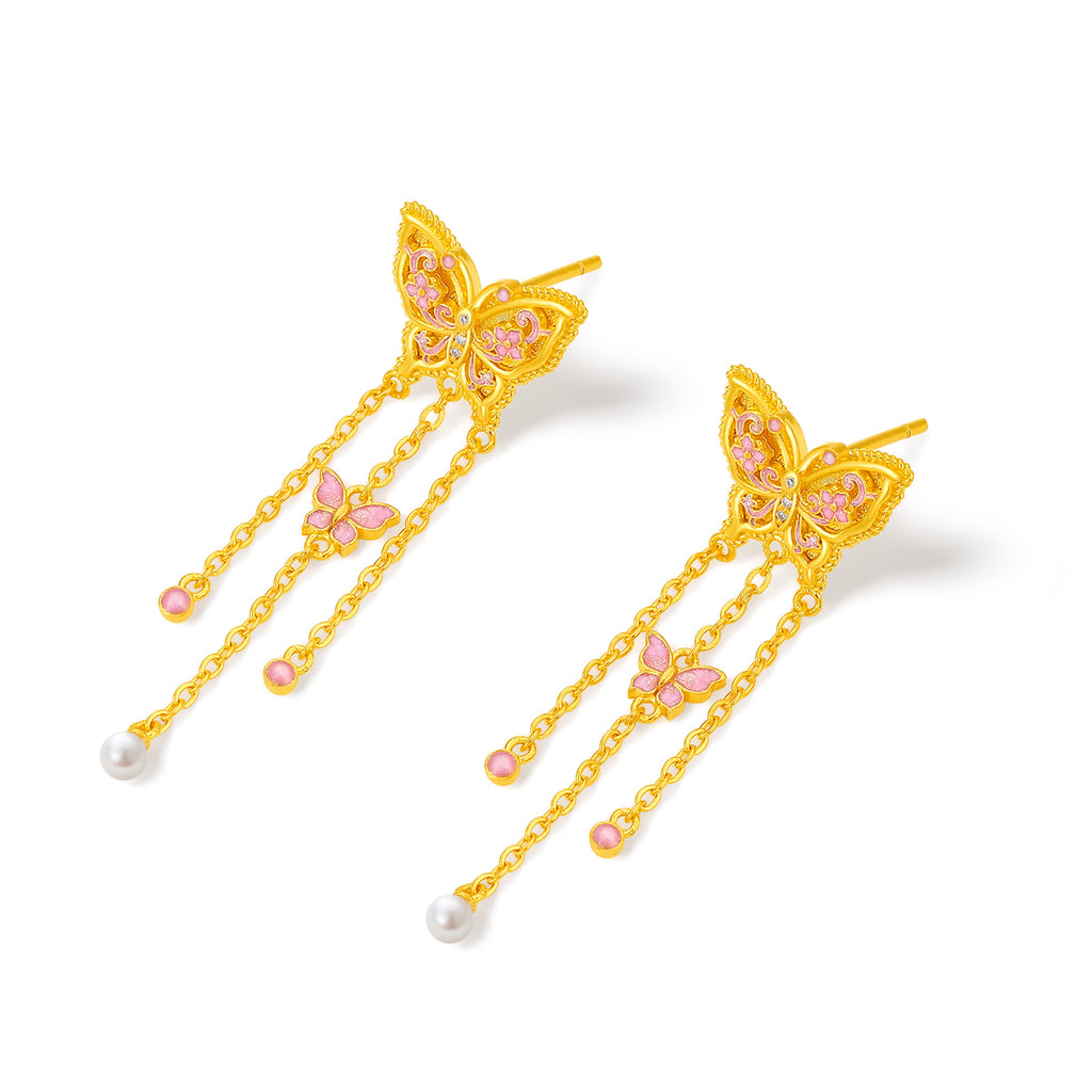 "Chinese Culture Collection - Song Brocade" 24K Gold Drop Earrings Diamond 2.5-3mm Pearl Butterfly 5.55-7.55g W0923492