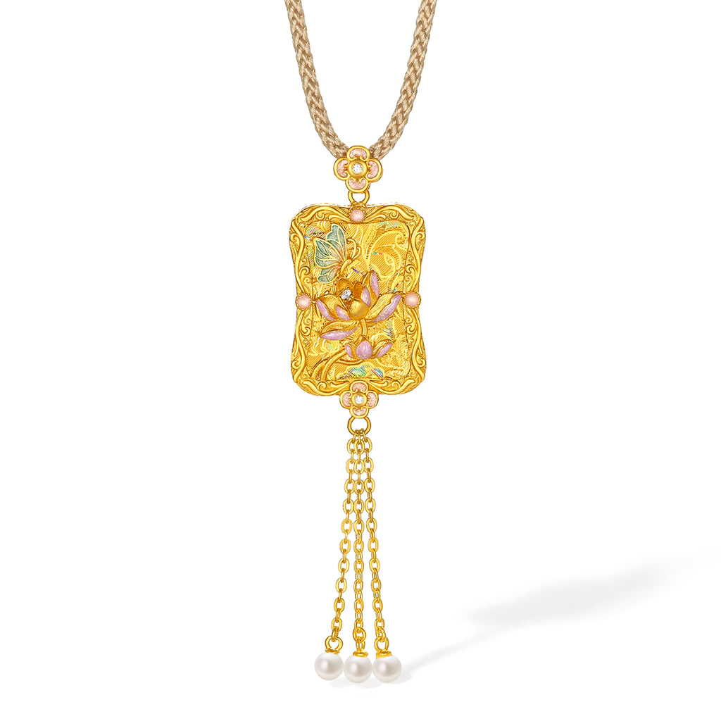 "Chinese Culture Collection - Song Brocade" 24K Gold Pendant Necklace Diamond  3.5-4mm Pearl         Lotus 12.18-14.68g W0423277