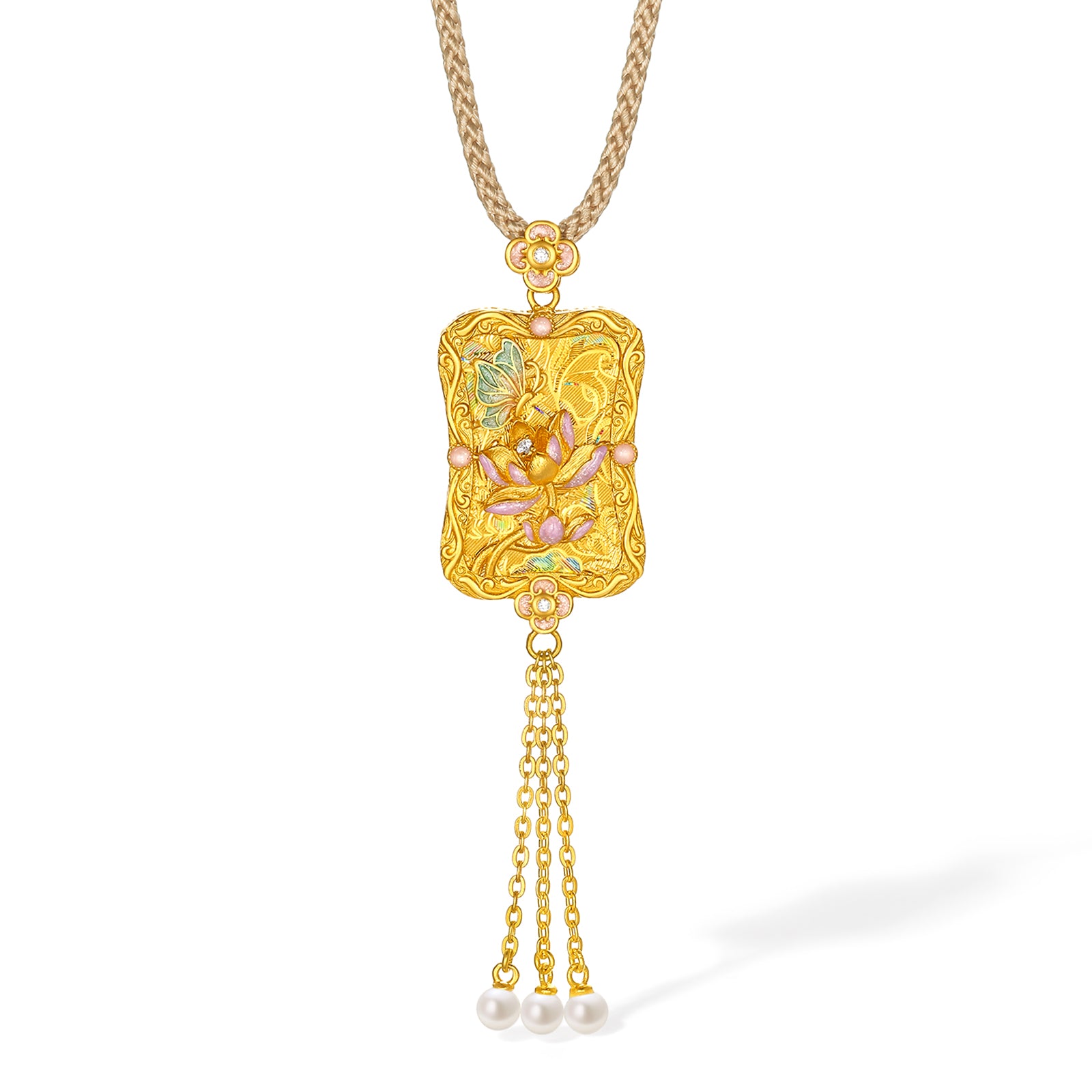 "Chinese Culture Collection - Song Brocade" 24K Gold Pendant Necklace Diamond  3.5-4mm Pearl         Lotus 12.18-14.68g W0423277