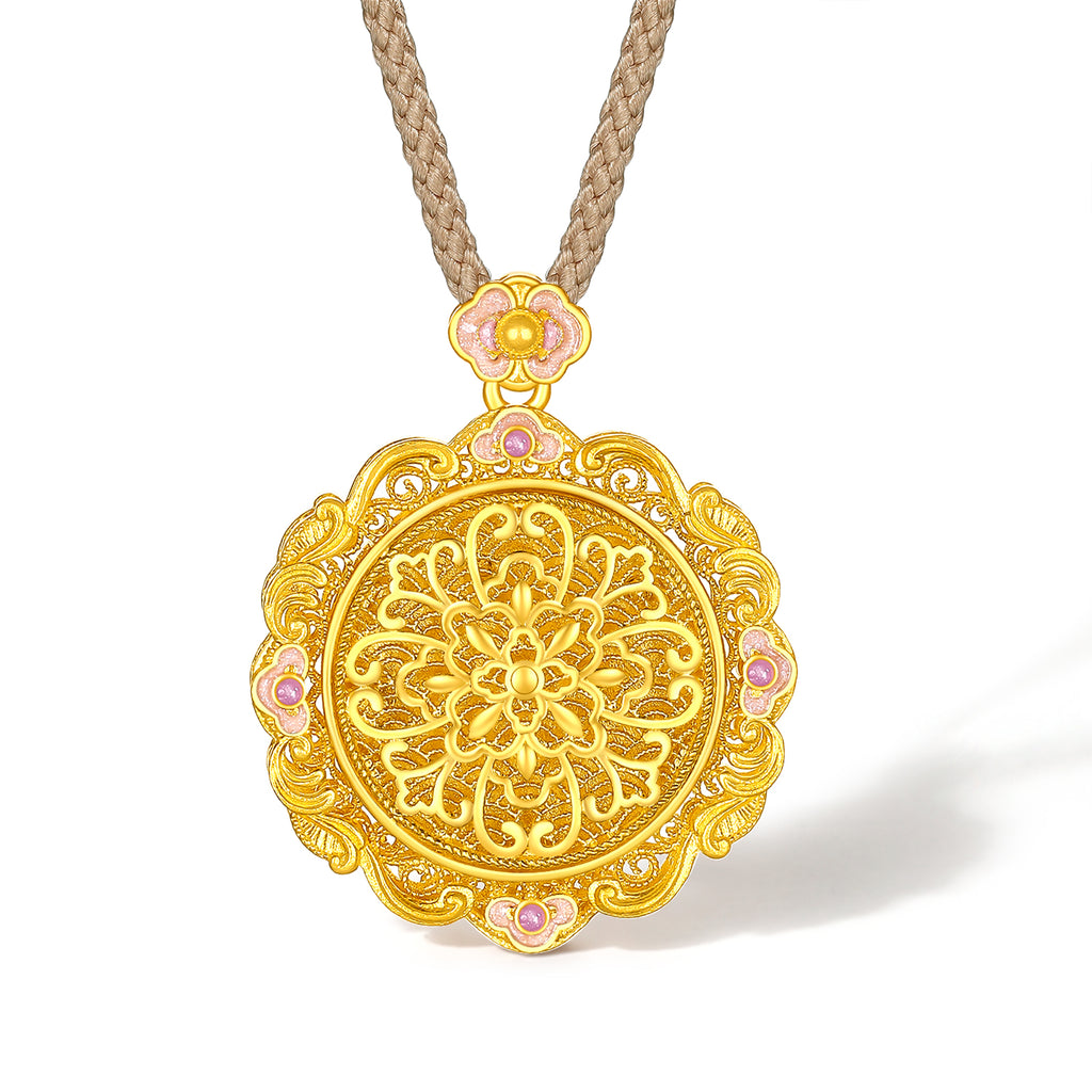 "Chinese Culture Collection - Song Brocade" 24K Gold Pendant Necklace Diamond Lotus 9.5-11.5g W0423489