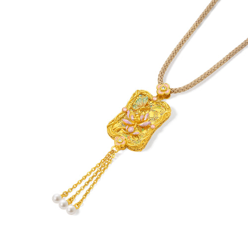 「中華文化臻品 - 宋錦」24K金項鍊 鑽石 3.5-4mm珍珠 蓮花 12.18-14.68g W0423277