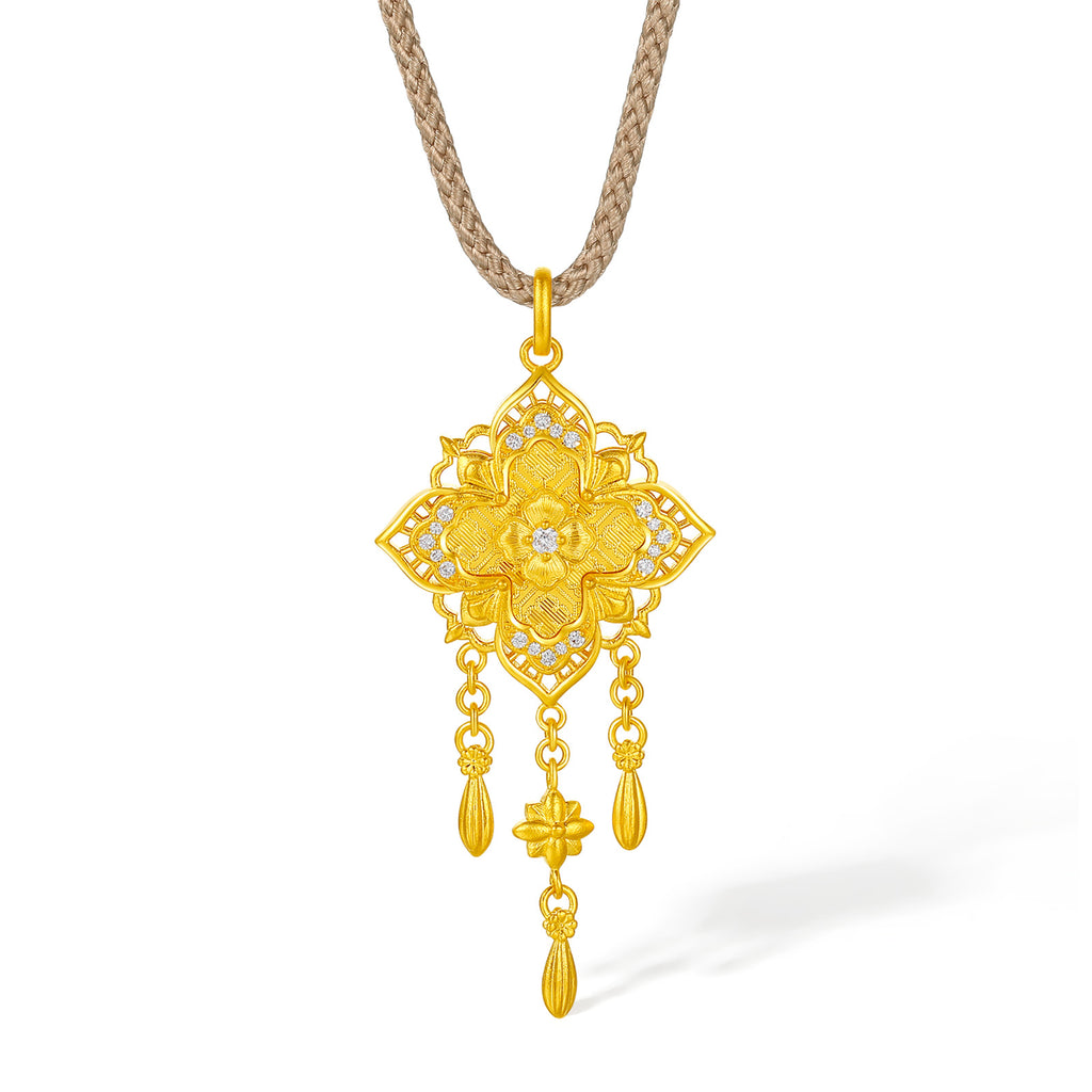 "Chinese Culture Collection - Song Brocade" 24K Gold Pendant Necklace Diamond Flower 9-11g W0423962