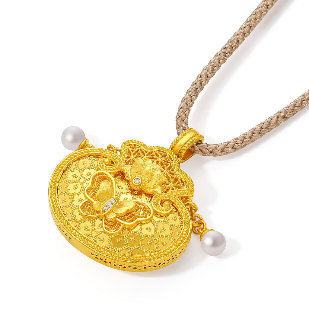 "Chinese Culture Collection - Song Brocade" 24K Gold Pendant Necklace Diamond 3.5-4mm Pearl Fortune Bag 9.95-12.45g W0423964