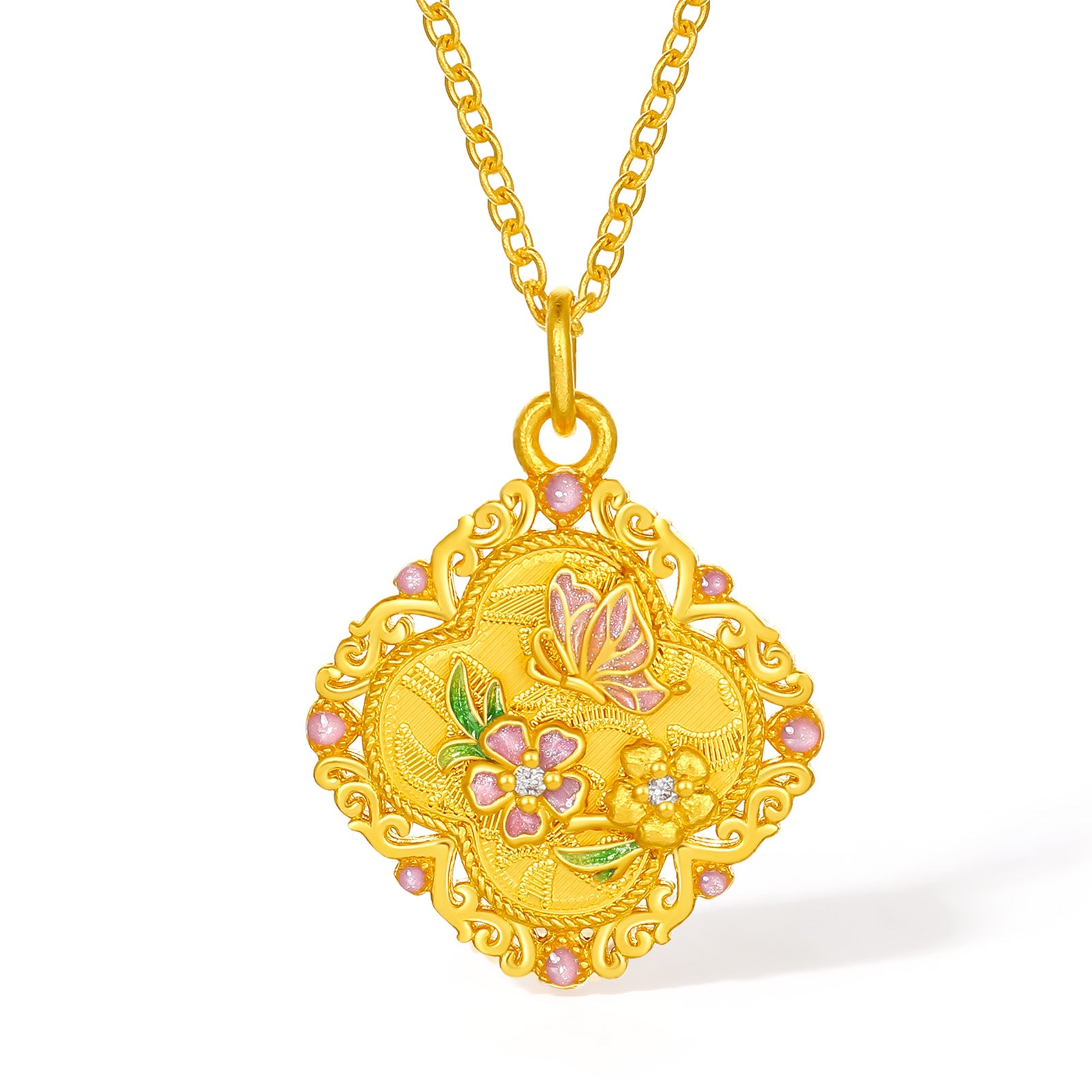 「中華文化藏品－宋錦」24K金吊墜項鍊，鑽石花款，4.63-6.63克，W0623588