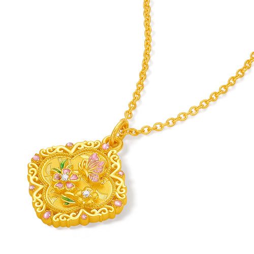 "Chinese Culture Collection - Song Brocade" 24K Gold Pendant Necklace Diamond Flower 4.63-6.63g W0623588