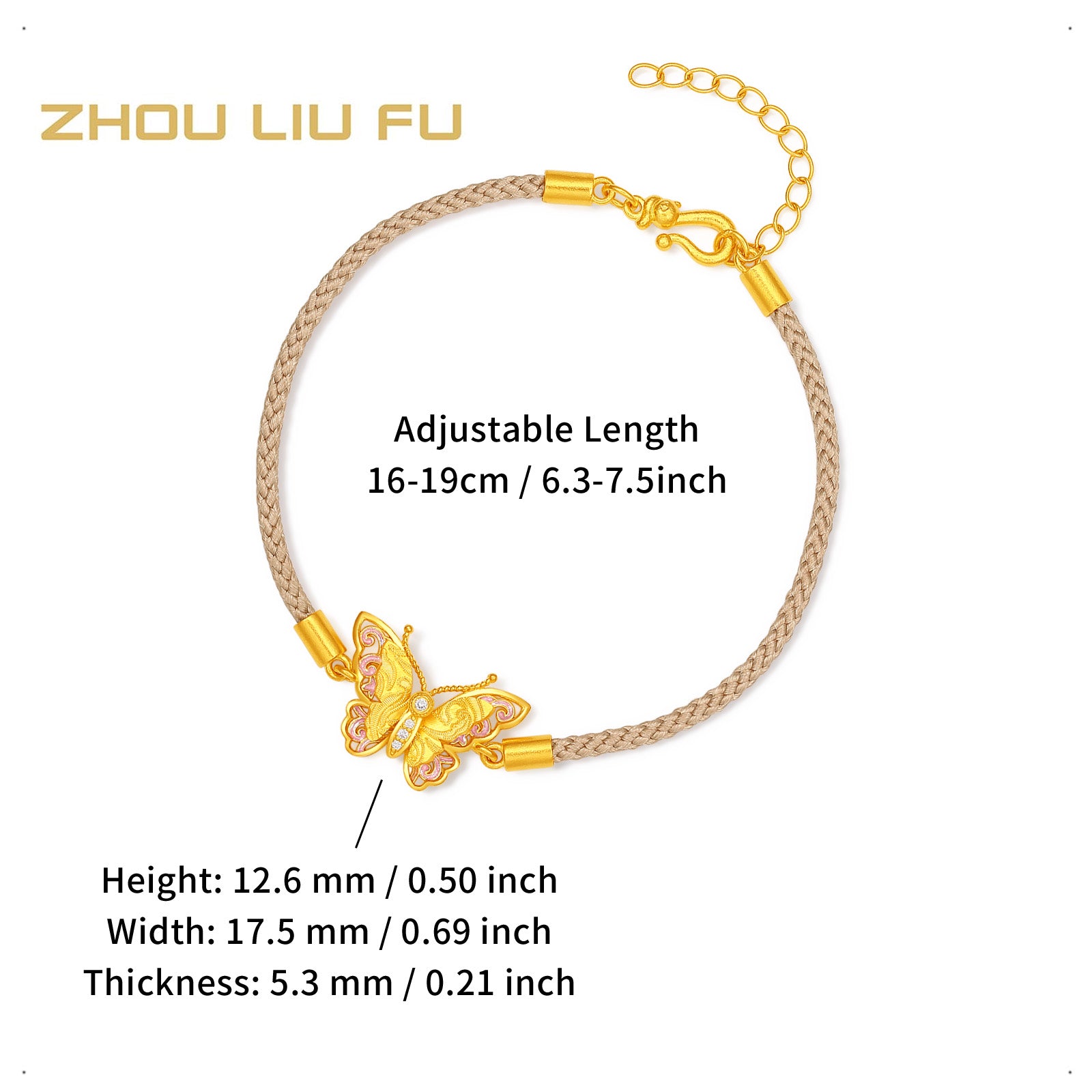 "Chinese Culture Collection - Song Brocade" 24K Gold String Bracelet Diamond Butterfly 4.6-6.6g W0723505