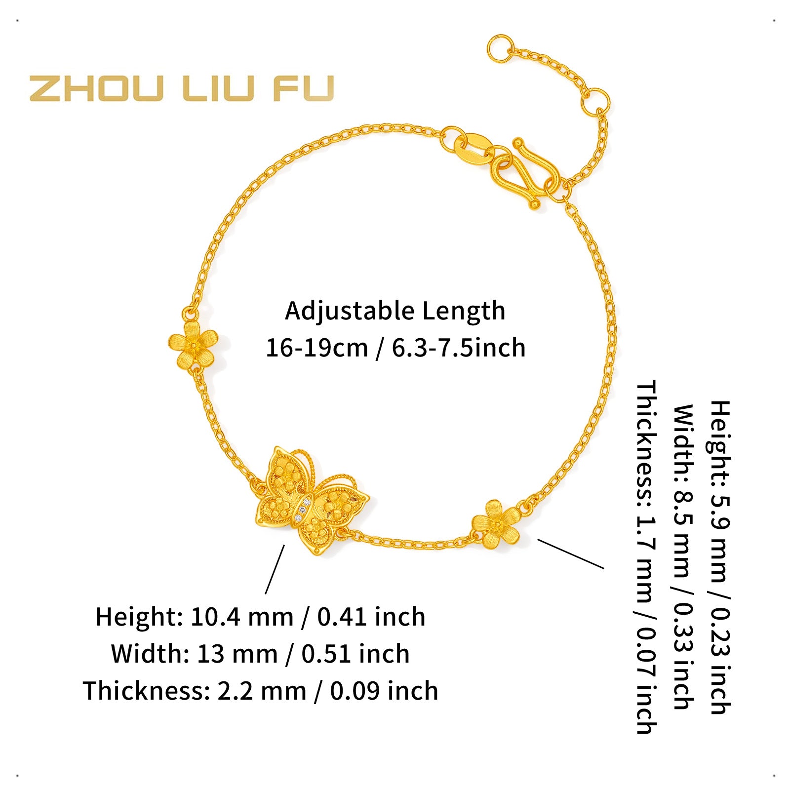 "Chinese Culture Collection - Song Brocade" 24K Gold Chain Bracelet Diamond Butterfly 4.1-6.1g W0723499